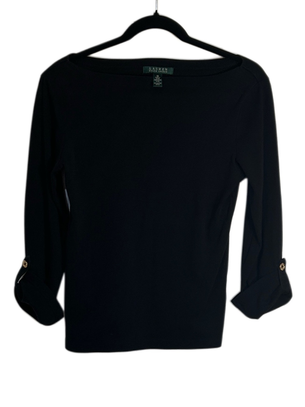 Ralph Lauren Black Boatneck Top with Roll-Tab Sleeves w/ Goldtone Metal Buttons